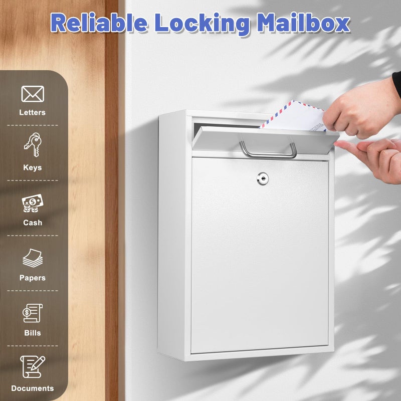 KYODOLED Steel Key Lock Mail Boxes Outdoor, Locking Wall Mount Mailbox, Security Lock Drop Box, Collection Boxes for House, Office or School,16.2H x 11.2L x 4.6W Inches, White X Large - Image 5
